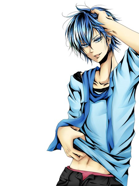 Anime picture 1125x1500 with vocaloid kaito (vocaloid) single tall image short hair blue eyes simple background white background blue hair undressing boy navel