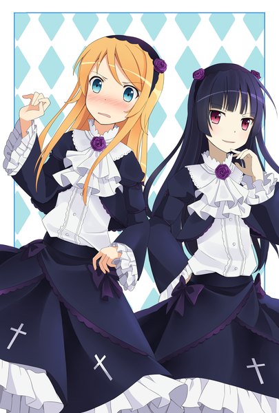 Anime picture 1014x1500 with ore no imouto ga konna ni kawaii wake ga nai gokou ruri kousaka kirino hitsukuya long hair tall image looking at viewer blush open mouth blue eyes black hair blonde hair smile red eyes multiple girls hand on hip rhombus girl dress 2 girls