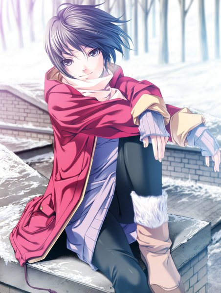 Anime picture 678x900 with original rezi single tall image short hair blue eyes black hair sitting open clothes open jacket girl jacket boots scarf sweater