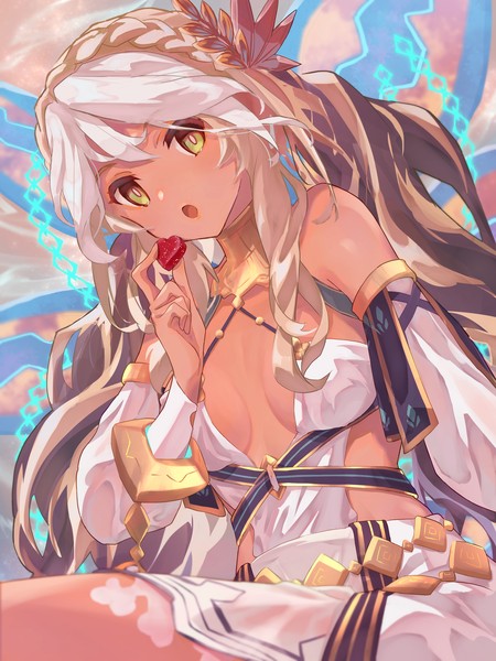 Anime picture 2400x3200 with fate (series) fate/grand order andromeda (fate) andromeda (first ascension) (fate) aopix 001 single long hair tall image looking at viewer highres breasts open mouth light erotic sitting green eyes white hair :o girl detached sleeves heart