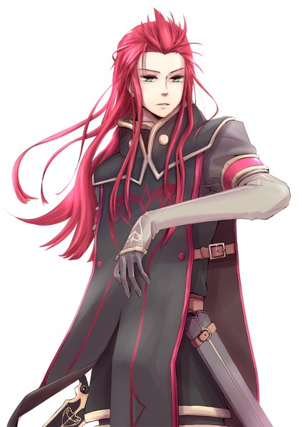 Anime picture 1243x1758 with tales of (series) tales of the abyss asch 710 (artist) single long hair tall image simple background white background green eyes red hair boy gloves sword