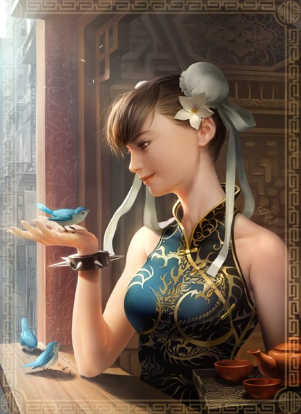 Anime picture 1024x1408 with street fighter capcom chun-li kokecit single tall image breasts smile brown hair traditional clothes hair flower realistic hair bun (hair buns) sleeveless lipstick chinese clothes bird on hand girl hair ornament flower (flowers)