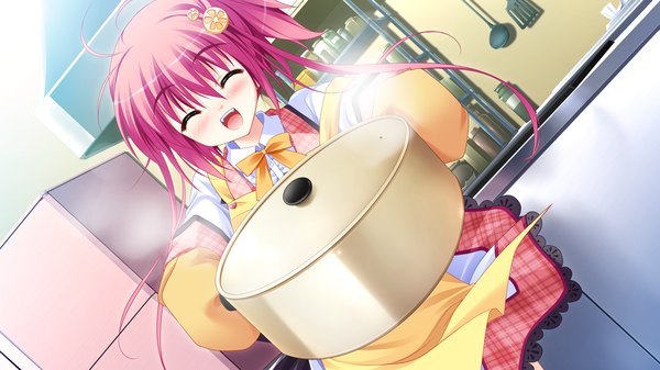 Anime picture 1280x720 with diamic days lump of sugar koboshi renko sesena yau single short hair open mouth wide image pink hair game cg eyes closed cooking girl oven mittens