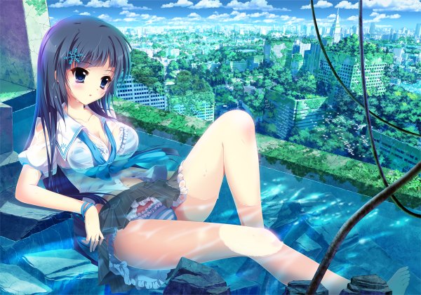 Anime picture 1200x840 with original pon (ichi rin) single long hair blush breasts blue eyes light erotic black hair large breasts sitting sky cleavage cloud (clouds) barefoot open clothes bare legs partially submerged city cityscape