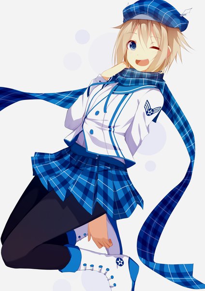 Anime picture 2480x3507 with original riki-to single tall image highres short hair open mouth blue eyes simple background blonde hair smile white background bent knee (knees) pleated skirt one eye closed wink girl skirt pantyhose scarf