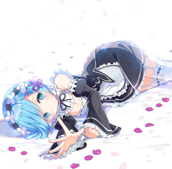 Anime picture 1500x1482 with re:zero kara hajimeru isekai seikatsu white fox rem (re:zero) rugo single looking at viewer blush short hair blue eyes blue hair maid girl thighhighs dress uniform detached sleeves petals white thighhighs headdress maid headdress