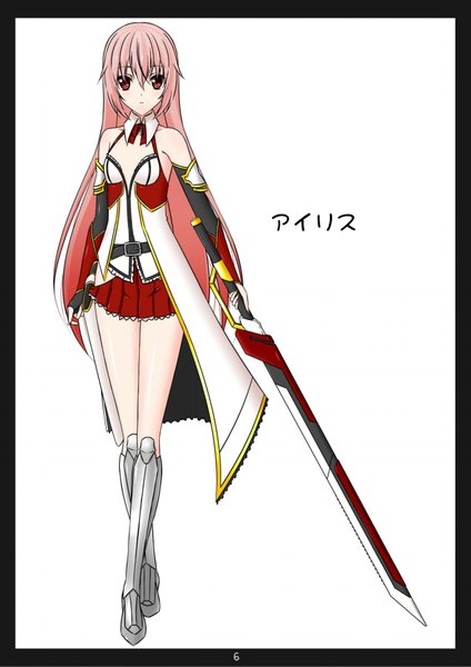 Anime picture 1273x1800 with original nagi-the-cheese (ppshex) single long hair tall image looking at viewer blush simple background red eyes white background pink hair legs girl weapon sword clothes