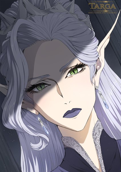 Anime picture 1488x2105 with targa (manga) felicia (targa) precia-t (artist) single long hair tall image looking at viewer green eyes silver hair pointy ears dutch angle copyright name lipstick portrait shaded face elf purple lipstick girl earrings tiara