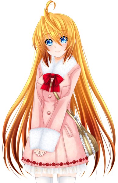 Anime picture 780x1209 with original baretto single long hair tall image looking at viewer blush blue eyes blonde hair smile white background ahoge girl thighhighs white thighhighs bag coat