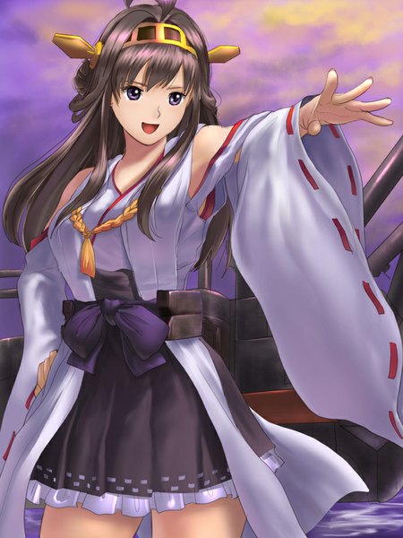 Anime picture 690x920 with kantai collection kongou battleship single long hair tall image fringe breasts blue eyes brown hair traditional clothes parted lips japanese clothes light smile hand on hip nontraditional miko girl skirt bow kimono black skirt