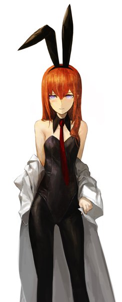 Anime picture 1720x4224 with steins;gate white fox makise kurisu huke single long hair tall image looking at viewer highres simple background white background purple eyes animal ears orange hair official art bunny ears fake animal ears girl pantyhose necktie