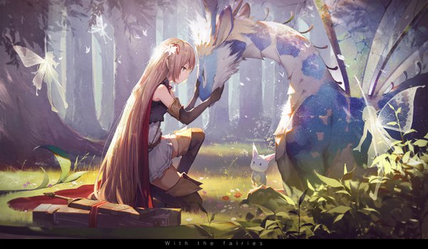 Anime picture 2560x1497 with shadowverse arisa (shadowverse) fairy dragon (shadowverse) kieed single highres smile brown hair wide image green eyes full body outdoors very long hair profile hair flower pointy ears sunlight zettai ryouiki sleeveless text