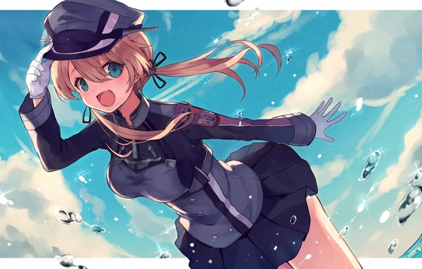 Anime picture 946x603 with kantai collection prinz eugen (kantai collection) shugao single long hair looking at viewer blush open mouth blonde hair hair between eyes twintails sky cloud (clouds) aqua eyes sparkle fang (fangs) adjusting hat girl gloves uniform