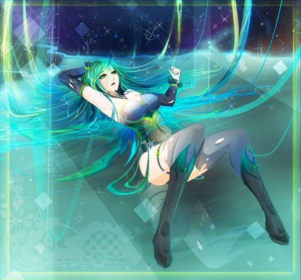 Anime picture 2922x2722 with my little pony queen chrysalis single long hair highres green eyes lying very long hair nail polish horn (horns) aqua hair torn clothes arm behind head framed floor personification girl thighhighs black thighhighs detached sleeves