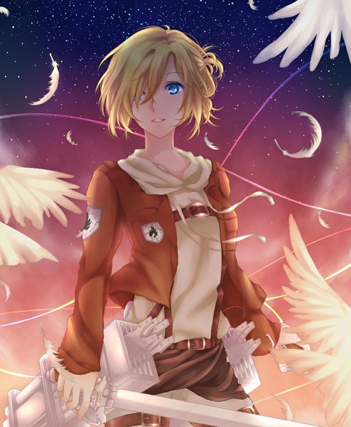 Anime picture 800x971 with shingeki no kyojin production i.g pixiv annie leonhart sariteru single tall image fringe short hair open mouth blue eyes blonde hair standing looking away outdoors long sleeves hair over one eye night night sky angel wings