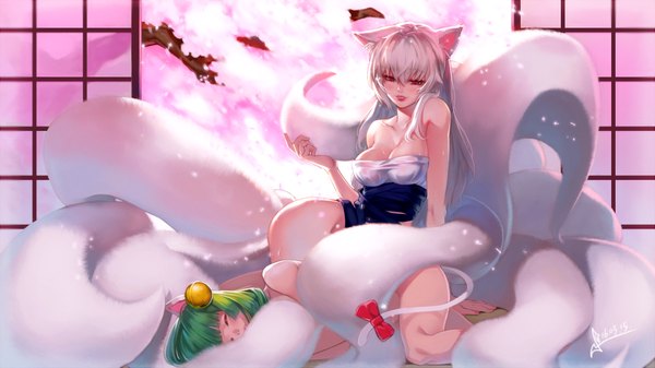Anime picture 1920x1080 with crusaders quest (game) kitsune yeowoodong squidsmith long hair blush fringe highres short hair breasts open mouth light erotic hair between eyes red eyes wide image large breasts sitting bare shoulders multiple girls signed animal ears