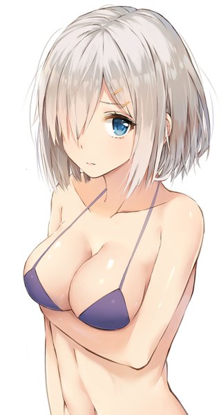 Anime picture 800x1500 with kantai collection hamakaze destroyer rikoma single tall image looking at viewer fringe short hair breasts blue eyes light erotic large breasts white background bare shoulders silver hair hair over one eye arm support underboob girl navel