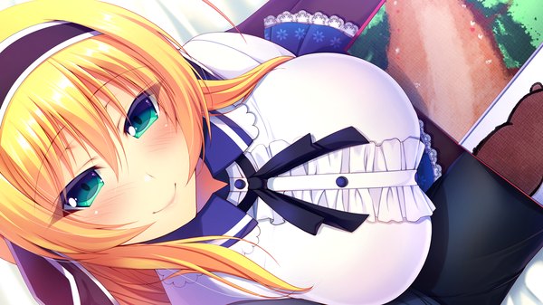 Anime picture 1280x720 with kimi to koi suru gakuen kissa hozumi mari (kimi to koi suru gakuen kissa) single long hair looking at viewer blush breasts blue eyes blonde hair smile wide image large breasts game cg girl dress