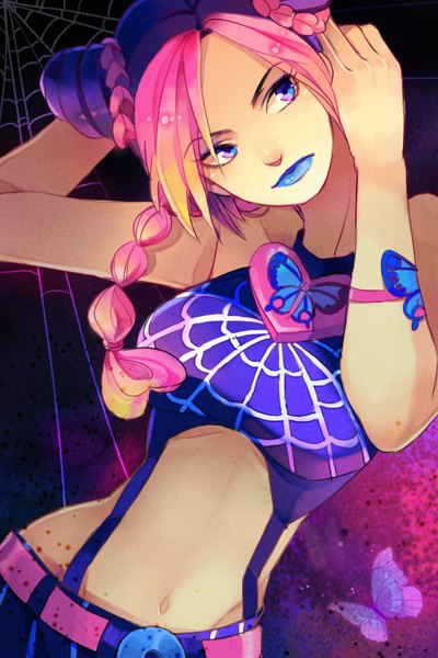 Anime picture 1020x1531 with jojo no kimyou na bouken kujo jolyne q-chiang single long hair tall image purple eyes bare shoulders looking away pink hair purple hair braid (braids) multicolored hair two-tone hair bare belly lipstick arms behind head makeup blue lipstick girl
