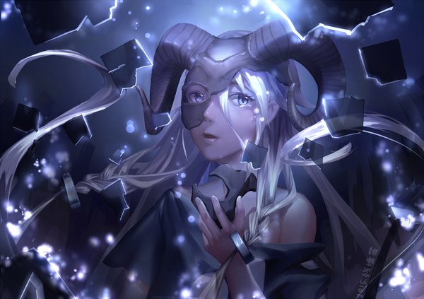 Anime picture 1418x1000 with vocaloid ia (vocaloid) nihao jiang single long hair looking at viewer blue eyes bare shoulders white hair braid (braids) horn (horns) twin braids close-up girl mask debris