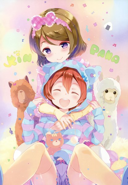 Anime picture 2716x3922 with love live! school idol project sunrise (studio) love live! hoshizora rin koizumi hanayo sakura koharu tall image blush highres breasts open mouth smile brown hair sitting purple eyes multiple girls orange hair hug text hug from behind