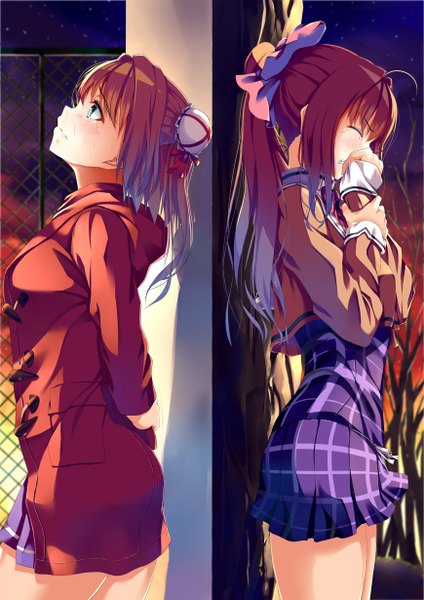 Anime picture 870x1230 with da capo asakura yume asakura otome kasappi long hair tall image fringe short hair blue eyes brown hair standing multiple girls looking away ponytail eyes closed sunlight night hair bun (hair buns) night sky tears