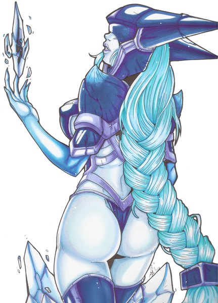 Anime picture 1580x2200 with league of legends lissandra (league of legends) mad-project single tall image breasts light erotic simple background large breasts white background blue hair ass braid (braids) very long hair single braid girl thighhighs black thighhighs helmet