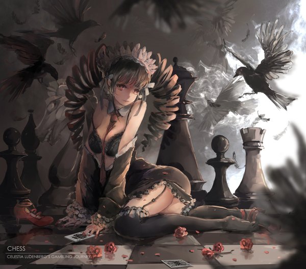 Anime picture 1400x1232 with dangan ronpa celestia ludenberg qianqian single long hair light erotic black hair red eyes twintails full body drill hair girl thighhighs dress flower (flowers) black thighhighs animal necktie frills lingerie