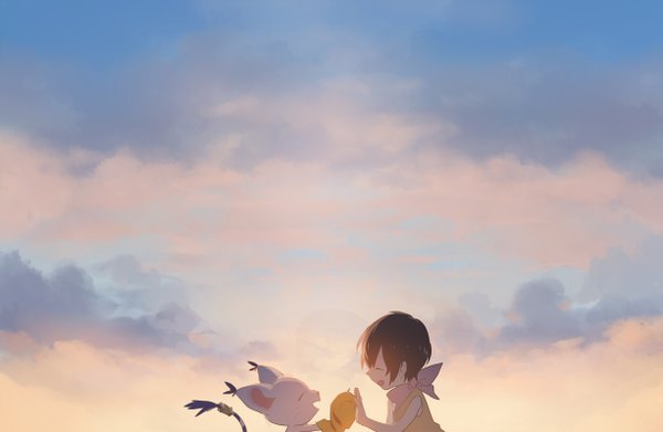 Anime picture 1226x800 with digimon digimon adventure yagami hikari tailmon rella single short hair open mouth brown hair bare shoulders sky cloud (clouds) eyes closed profile happy landscape girl animal neckerchief