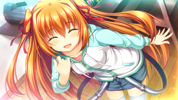 Anime picture 1280x720 with dekinai watashi ga, kurikaesu. akabei soft3 single long hair blush open mouth wide image game cg eyes closed orange hair girl thighhighs ribbon (ribbons) hair ribbon sports jacket