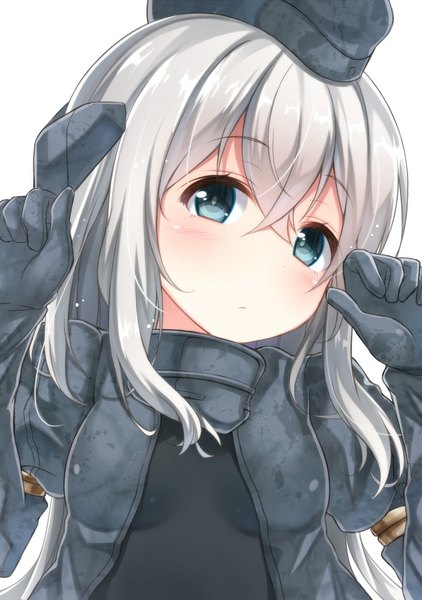 Anime picture 700x995 with kantai collection u-511 submarine mitsuki yuu single long hair tall image looking at viewer blush fringe blue eyes simple background white background silver hair arms up puffy sleeves expressionless shiny hair over eyes military girl