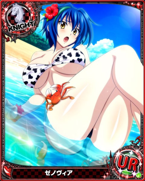 Anime picture 640x800 with highschool dxd xenovia quarta single tall image looking at viewer blush short hair breasts open mouth light erotic large breasts yellow eyes blue hair multicolored hair hair flower two-tone hair streaked hair beach card (medium) heart print