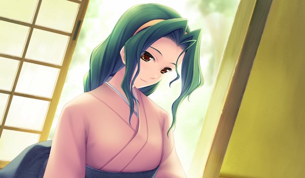 Anime picture 1024x600 with kimi ga ita kisetsu long hair wide image brown eyes game cg braid (braids) japanese clothes green hair girl kimono