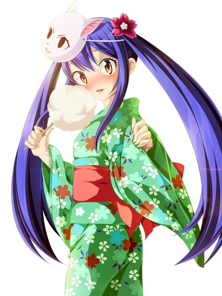 Anime picture 3600x4800 with fairy tail wendy marvell salim202 single long hair tall image blush highres open mouth smile twintails brown eyes blue hair absurdres traditional clothes japanese clothes looking back hair flower loli embarrassed