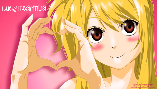 Anime picture 1024x582 with fairy tail lucy heartfilia hallow1791 single long hair blush blonde hair smile wide image bare shoulders brown eyes inscription one side up coloring portrait pink background heart hands girl