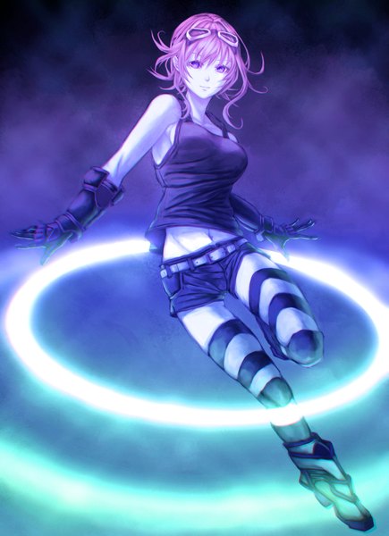 Anime picture 1470x2028 with vocaloid gumi mstm single long hair tall image looking at viewer pink hair pale skin goggles on head girl thighhighs gloves navel shoes shorts striped thighhighs goggles