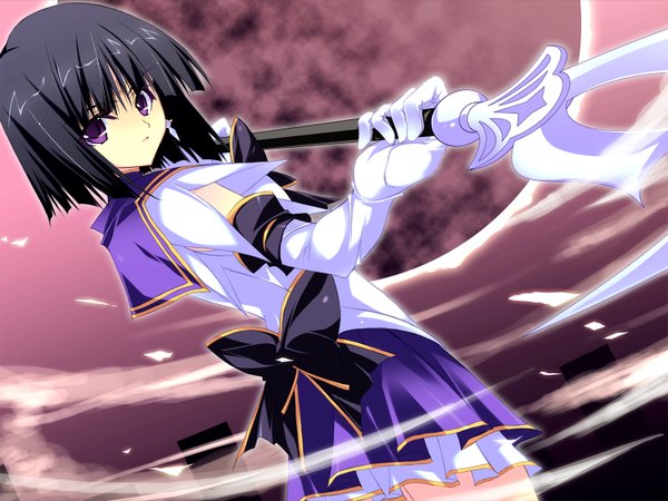 Anime picture 1600x1200 with bishoujo senshi sailor moon toei animation tomoe hotaru sailor saturn black hair simple background purple eyes girl gloves earrings elbow gloves spear