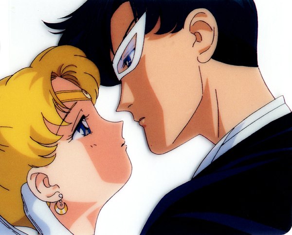 Anime picture 1148x927 with bishoujo senshi sailor moon toei animation tsukino usagi sailor moon chiba mamoru tuxedo kamen long hair short hair black hair simple background blonde hair white background twintails profile couple face to face crescent almost kiss girl boy