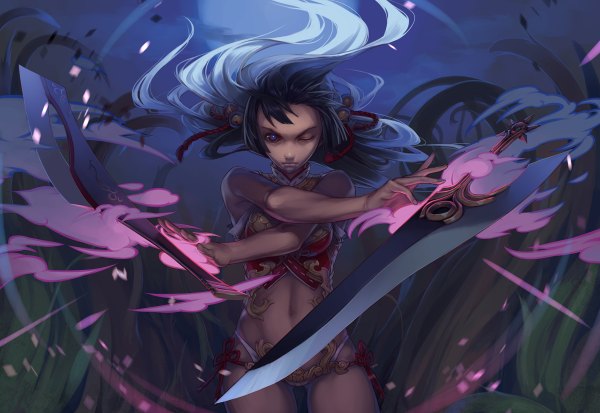Anime picture 1200x826 with original tora maru single long hair purple eyes blue hair one eye closed wink midriff sleeveless dark skin chinese clothes navel weapon bell chinese dress