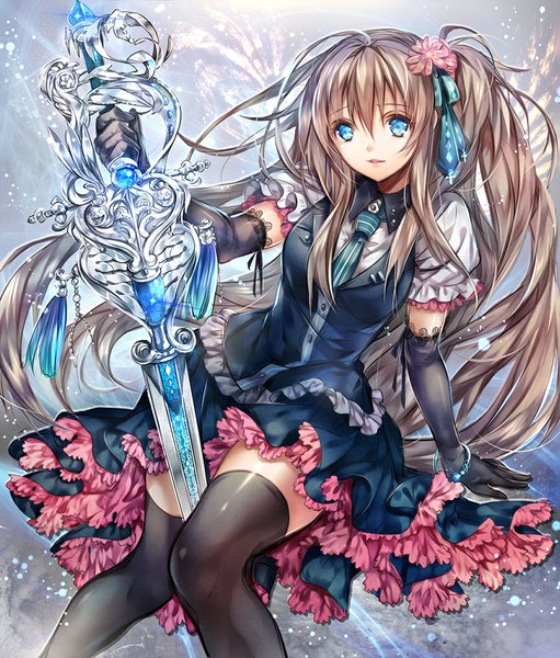 Anime picture 865x1015 with original madogawa single long hair tall image blue eyes brown hair sitting ponytail side ponytail girl thighhighs gloves hair ornament weapon black thighhighs sword black gloves elbow gloves bracelet