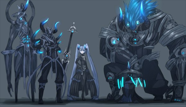 Anime picture 2600x1495 with vocaloid hatsune miku ganesagi long hair highres blue eyes simple background wide image blue hair horn (horns) dark background group fantasy girl thighhighs dress armor monster