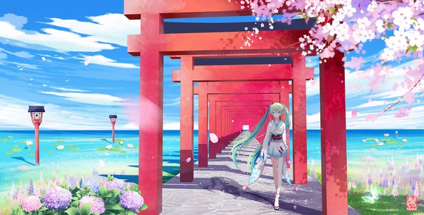 Anime picture 1700x865 with vocaloid hatsune miku sanaa single looking at viewer fringe wide image twintails holding green eyes signed sky cloud (clouds) full body outdoors very long hair traditional clothes japanese clothes green hair light smile
