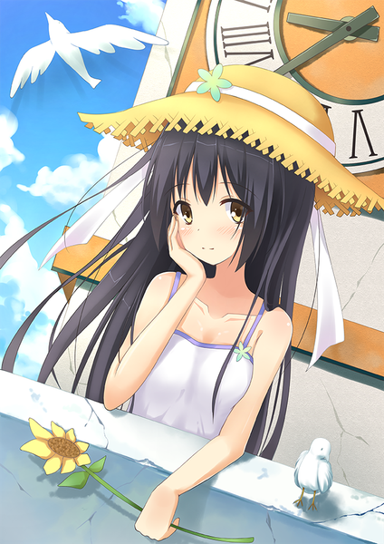 Anime picture 707x1000 with original suzuame yatsumi single long hair tall image looking at viewer blush black hair yellow eyes sky cloud (clouds) light smile arm support body blush hand on face girl dress flower (flowers) hat animal