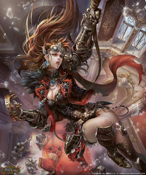 Anime picture 792x950 with yu cheng hong long hair tall image breasts brown hair holding brown eyes cleavage bent knee (knees) indoors lying from above lips sunglasses on head broken broken glass girl weapon earrings sword