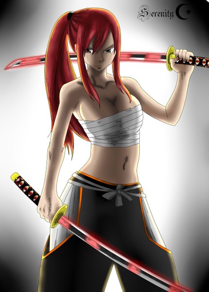 Anime picture 1809x2531 with fairy tail erza scarlet single long hair tall image highres light erotic simple background ponytail red hair midriff grey eyes coloring girl navel sword katana bandage (bandages)