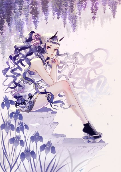 Anime picture 900x1274 with original sudou kira single long hair tall image looking at viewer fringe open mouth sitting purple eyes bare shoulders signed payot purple hair full body bent knee (knees) ponytail blunt bangs head tilt hair flower