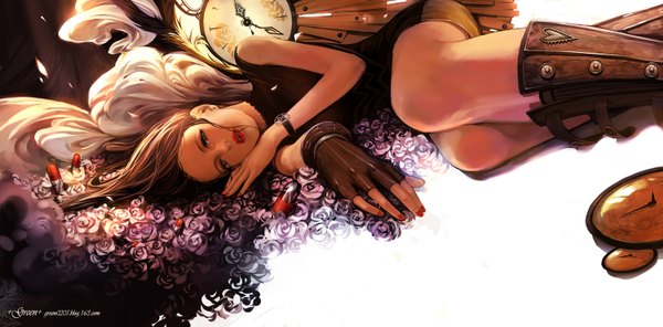 Anime picture 1500x741 with original green (pixiv) single long hair brown hair wide image bare shoulders brown eyes lying nail polish lips girl dress fingerless gloves rose (roses) short dress clock pocket watch