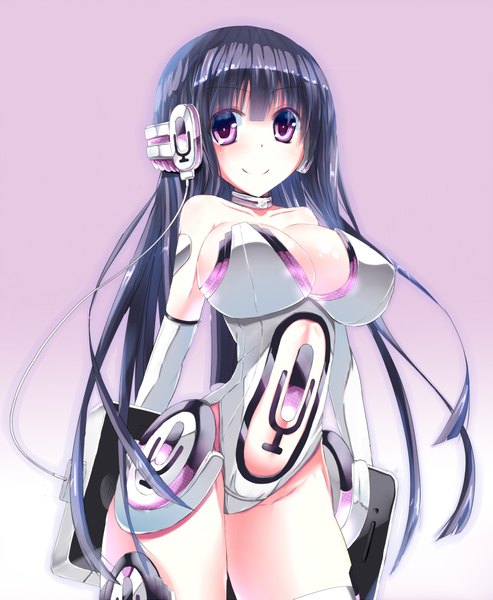Anime picture 1500x1823 with siri azican single long hair tall image blush light erotic simple background smile purple eyes cleavage purple hair gradient background girl thighhighs headphones bodysuit collar