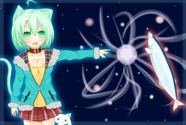 Anime picture 4800x3240 with mahou shoujo madoka magica original shaft (studio) kyuubee sharon (dodomayo) axe (axe1020) blush highres short hair open mouth animal ears absurdres green hair cat ears cat girl cat tail girl skirt jacket collar