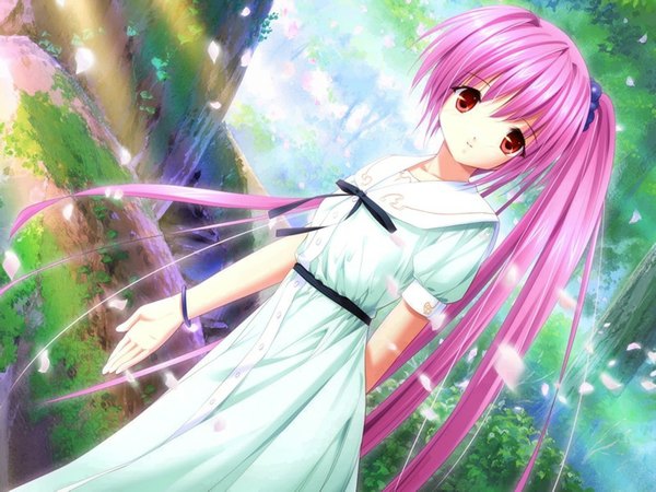 Anime picture 1024x768 with long hair red eyes pink hair very long hair nature dress tree (trees) forest